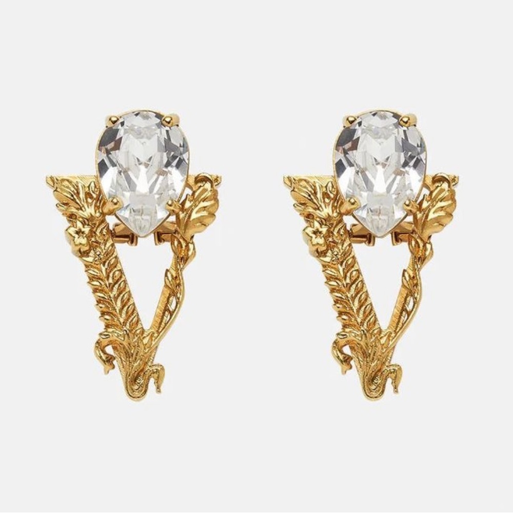 Versace Virtus Gold and Rhinestone Clip On Earrings Authentic Elegant